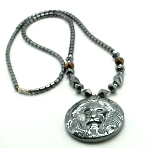 Men's/Unisex Hematite Beads & Lion's Head Pendant Necklace w/2 Cat's Eye Beads - Picture 2 of 14